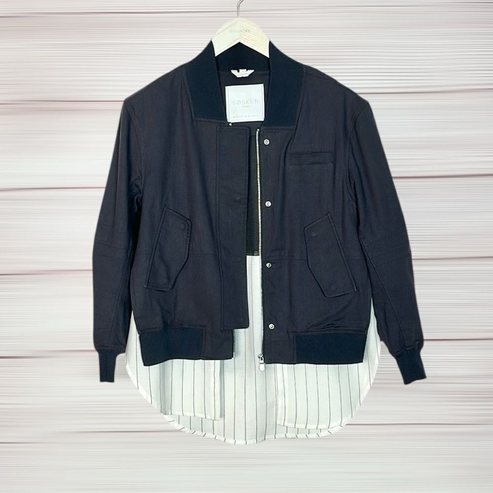Sosken Charcoal Bomber Layered Combo Jacket & Striped Shirt Cotton Blend size 0